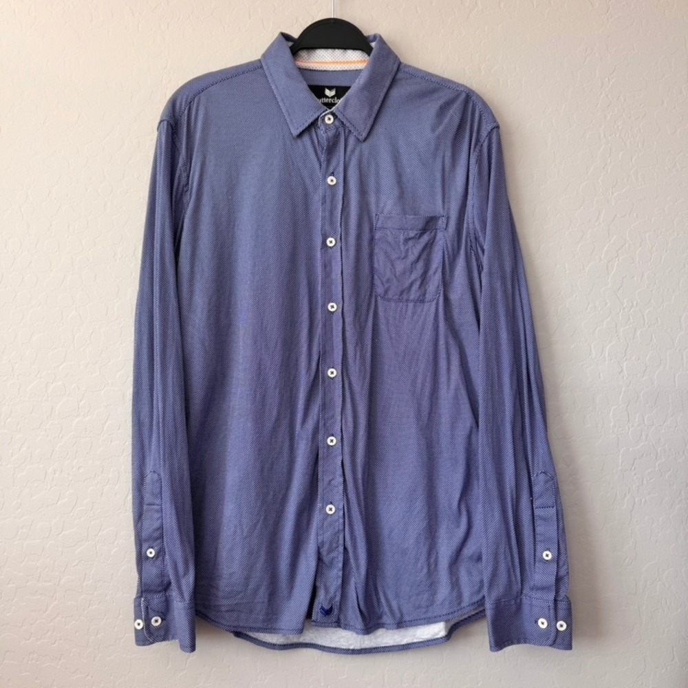 Buttercloth Mens Shirt L Long Sleeve Button Up‎ Blue White Checkered Knit
